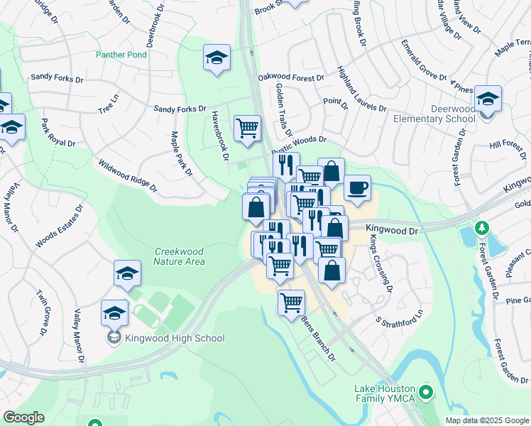 map of restaurants, bars, coffee shops, grocery stores, and more near 3071 West Lake Houston Parkway in Houston