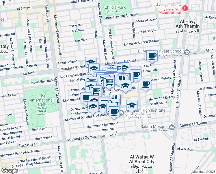 map of restaurants, bars, coffee shops, grocery stores, and more near 25 Samir Abd El-Raouf in Nasr City