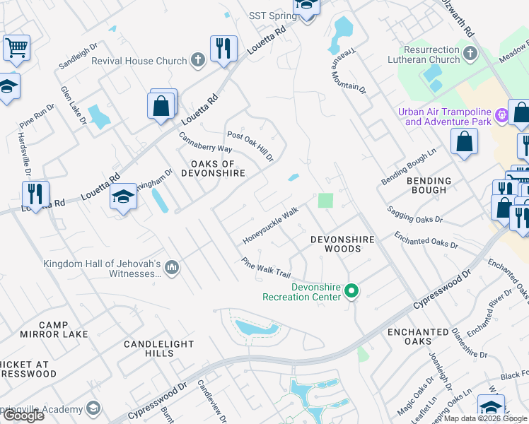 map of restaurants, bars, coffee shops, grocery stores, and more near 2623 Honeysuckle Walk in Spring