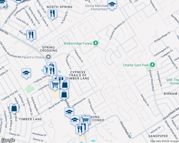 map of restaurants, bars, coffee shops, grocery stores, and more near 23334 Pebworth Place in Spring