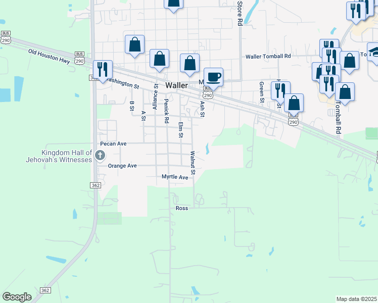 map of restaurants, bars, coffee shops, grocery stores, and more near 502 Elm Street in Waller