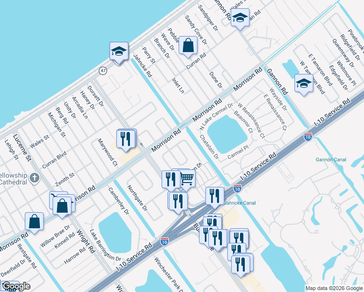 map of restaurants, bars, coffee shops, grocery stores, and more near 12200 Morrison Road in New Orleans