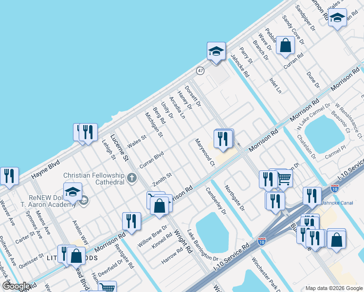 map of restaurants, bars, coffee shops, grocery stores, and more near 47 Marywood Court in New Orleans