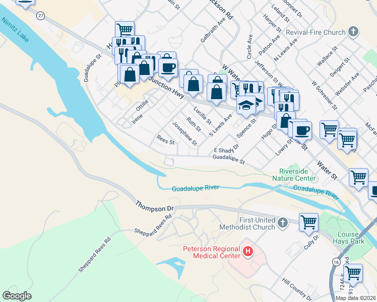map of restaurants, bars, coffee shops, grocery stores, and more near 407 Josephine Street in Kerrville