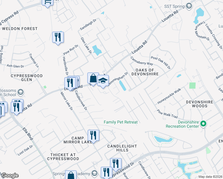 map of restaurants, bars, coffee shops, grocery stores, and more near 3034 Lemmingham Drive in Spring