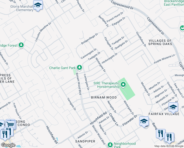 map of restaurants, bars, coffee shops, grocery stores, and more near 4431 Hickorygate Drive in Spring