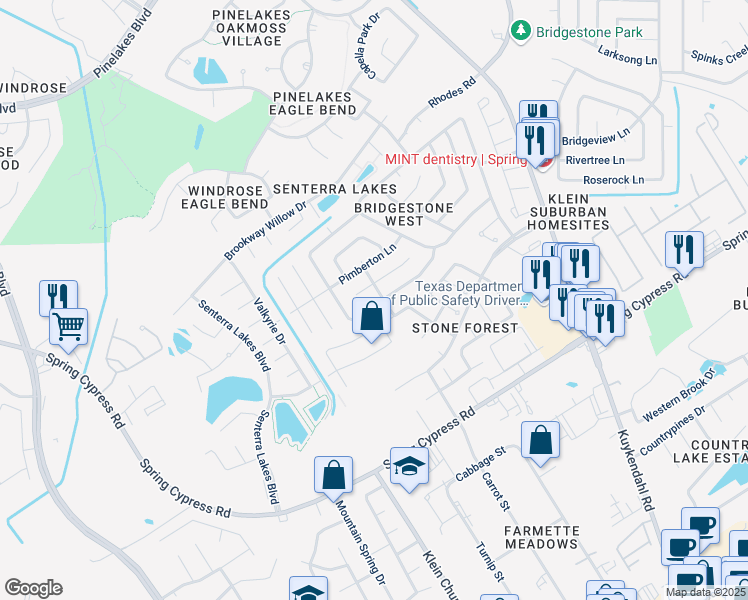 map of restaurants, bars, coffee shops, grocery stores, and more near 5538 Rivertree Lane in Spring