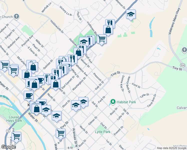 map of restaurants, bars, coffee shops, grocery stores, and more near 900 Prescott Street in Kerrville