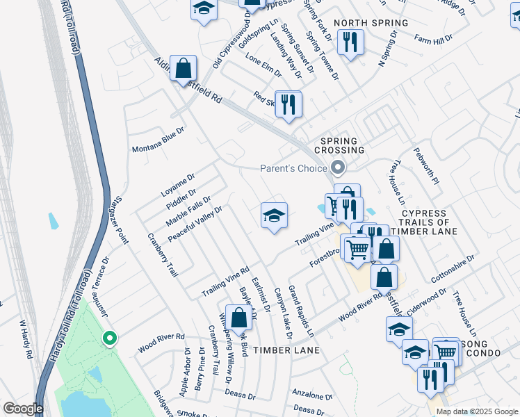 map of restaurants, bars, coffee shops, grocery stores, and more near 23527 Maple View Drive in Spring