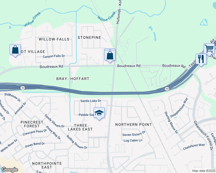 map of restaurants, bars, coffee shops, grocery stores, and more near 19823 Hufsmith-Kohrville Road in Tomball