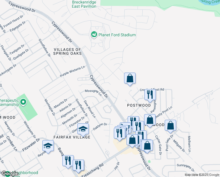 map of restaurants, bars, coffee shops, grocery stores, and more near 23222 Postwood Park Lane in Spring