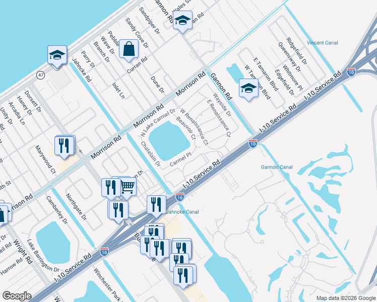 map of restaurants, bars, coffee shops, grocery stores, and more near 7040 Beauvoir Court in New Orleans