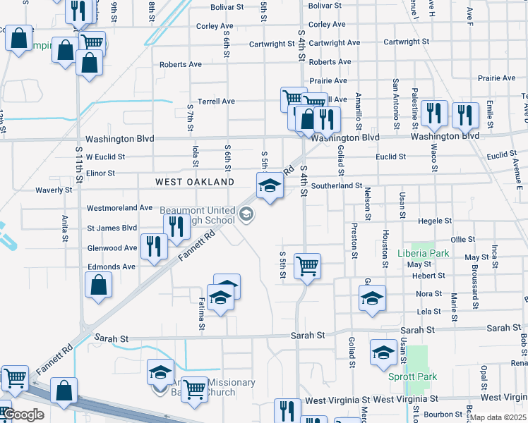 map of restaurants, bars, coffee shops, grocery stores, and more near 3443 Fannett Road in Beaumont