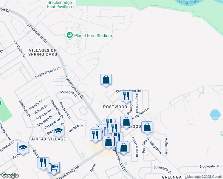 map of restaurants, bars, coffee shops, grocery stores, and more near 23417 Little Wind Lane in Spring