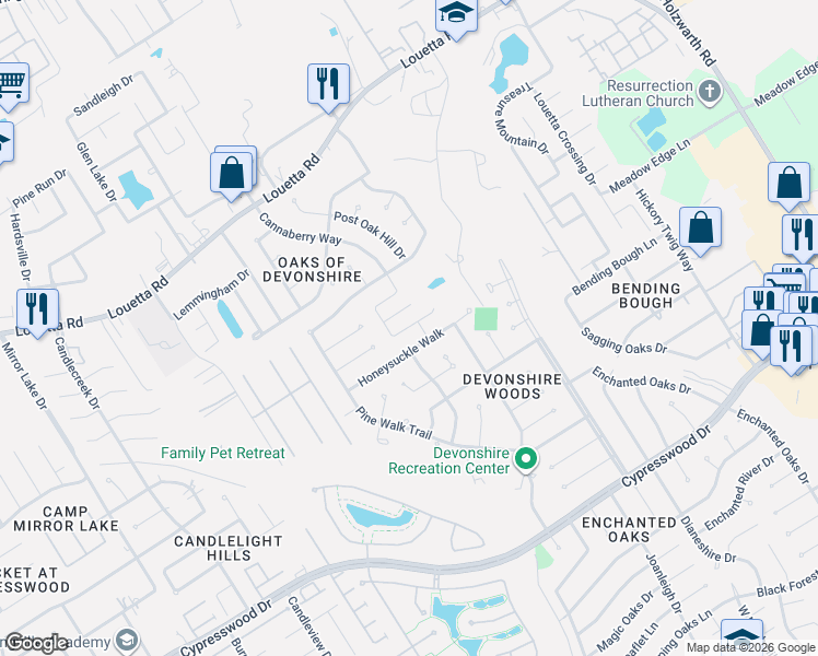map of restaurants, bars, coffee shops, grocery stores, and more near 20325 Budde Cemetary Road in Spring