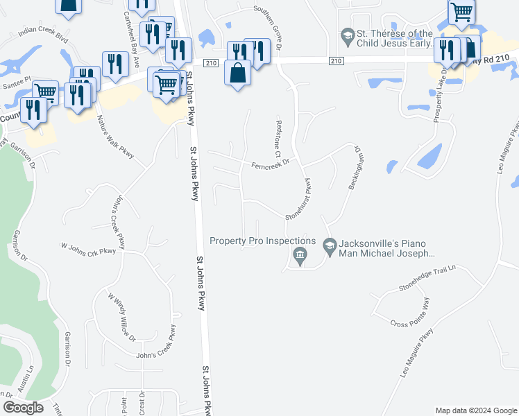 map of restaurants, bars, coffee shops, grocery stores, and more near 386 Stonehurst Parkway in Saint Augustine