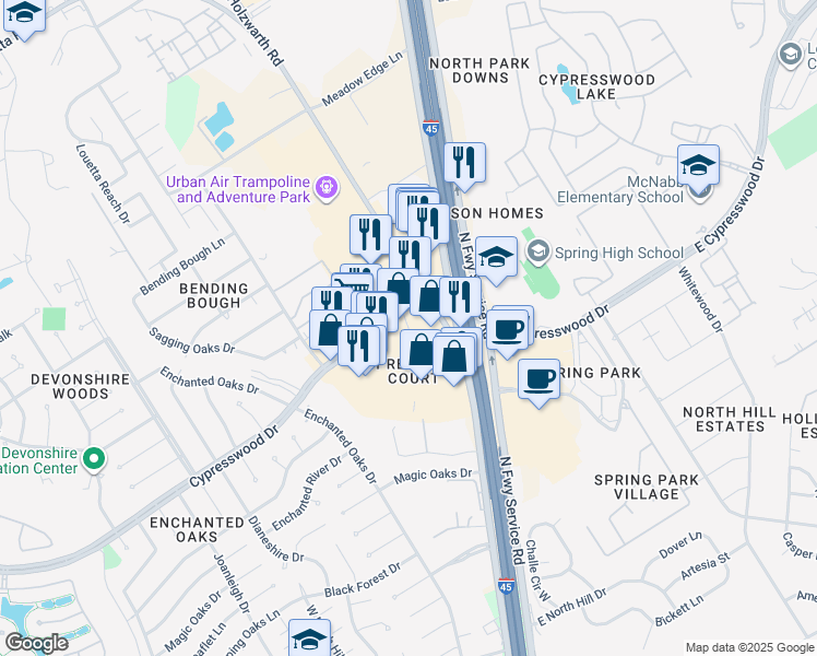map of restaurants, bars, coffee shops, grocery stores, and more near 4500 Cypresswood Court in Spring