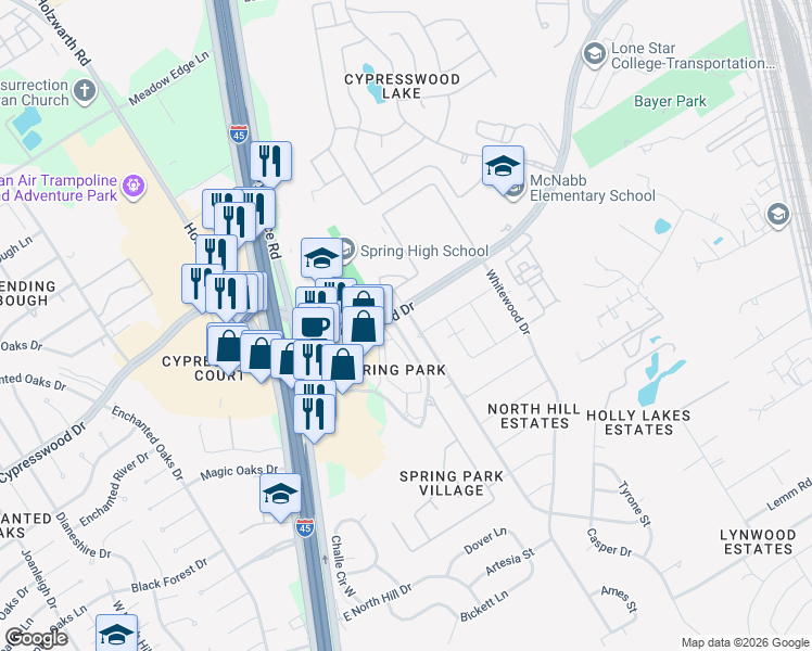 map of restaurants, bars, coffee shops, grocery stores, and more near 325 East Cypresswood Drive in Spring