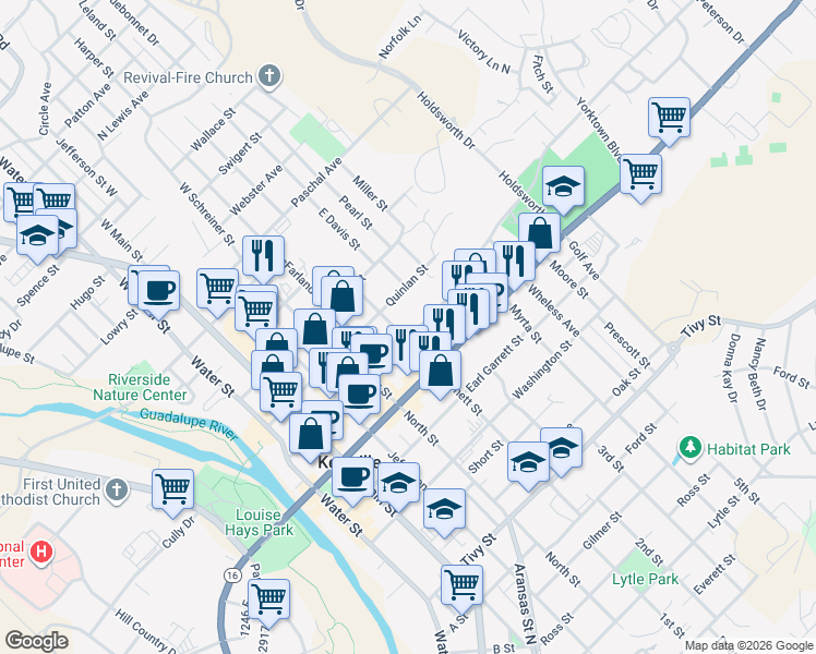 map of restaurants, bars, coffee shops, grocery stores, and more near 714 Clay Street in Kerrville
