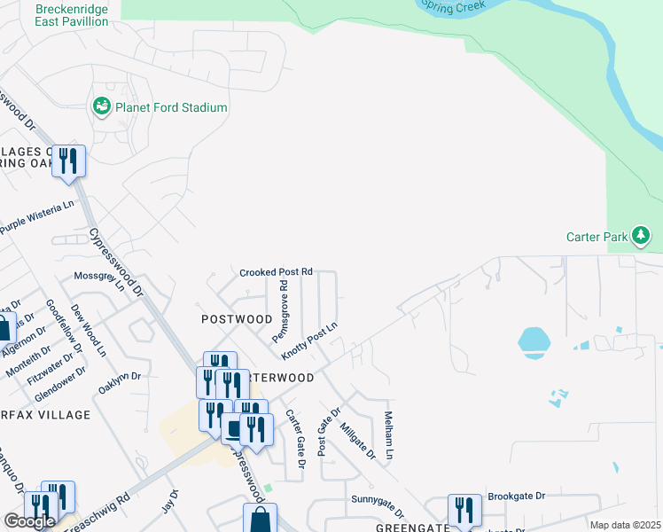map of restaurants, bars, coffee shops, grocery stores, and more near 6111 Crooked Post Road in Spring