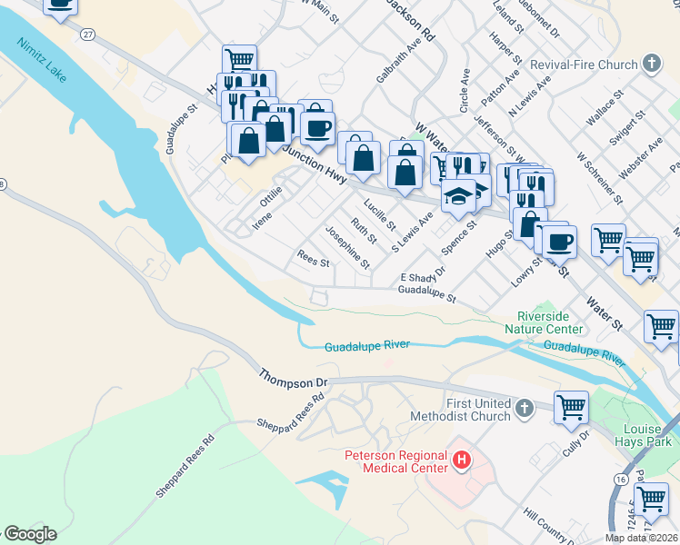 map of restaurants, bars, coffee shops, grocery stores, and more near 407 Josephine Street in Kerrville