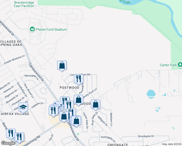 map of restaurants, bars, coffee shops, grocery stores, and more near 6015 Crooked Post Road in Spring