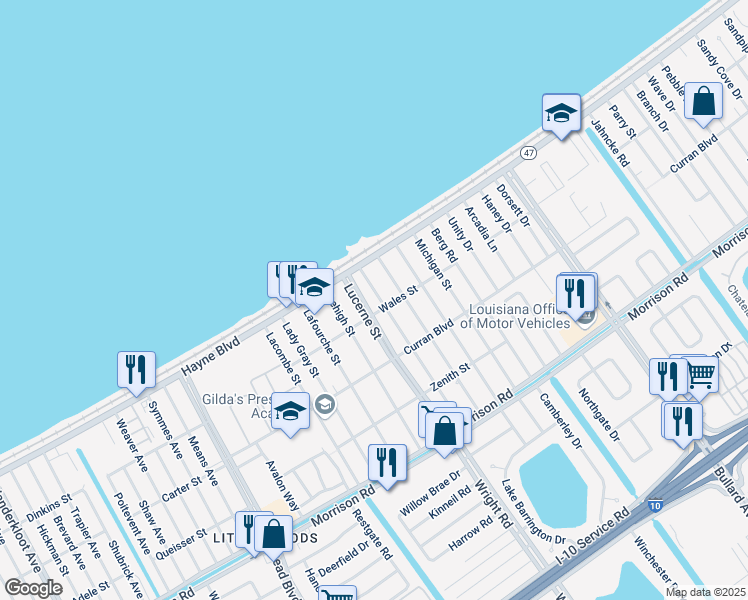 map of restaurants, bars, coffee shops, grocery stores, and more near 8000 Mackenzie Street in New Orleans