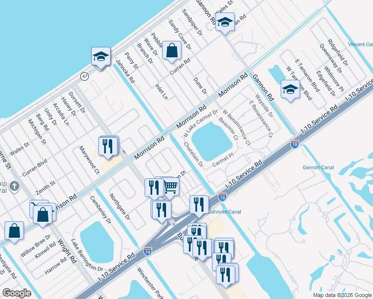 map of restaurants, bars, coffee shops, grocery stores, and more near 110 Chatelain Court in New Orleans