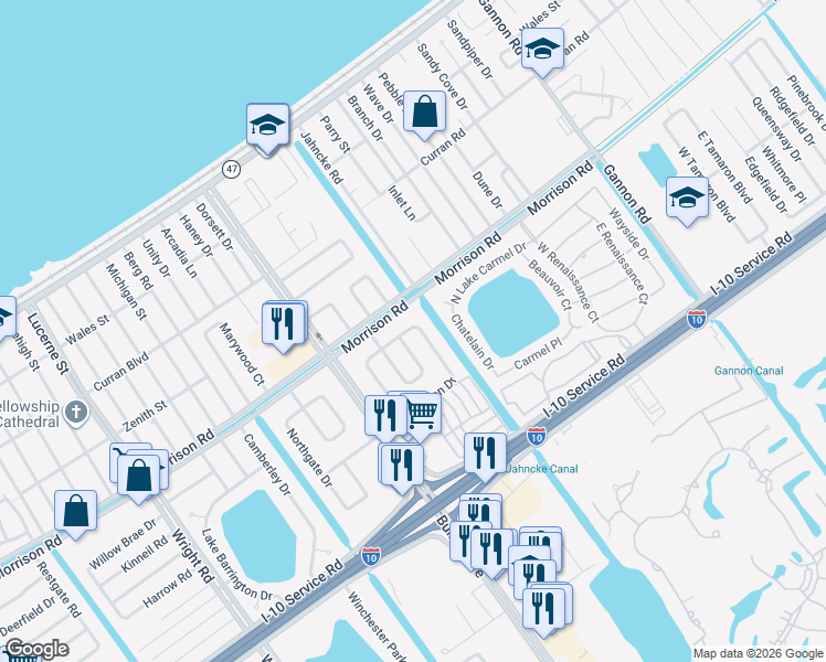 map of restaurants, bars, coffee shops, grocery stores, and more near 12200 Morrison Road in New Orleans