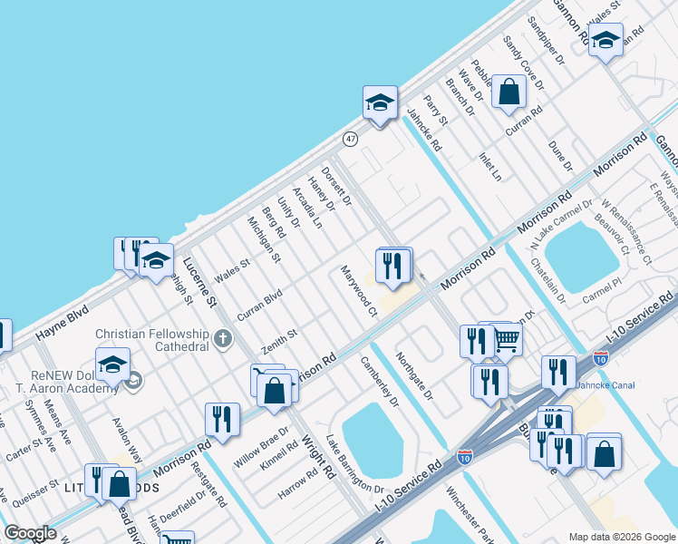 map of restaurants, bars, coffee shops, grocery stores, and more near 47 Marywood Court in New Orleans