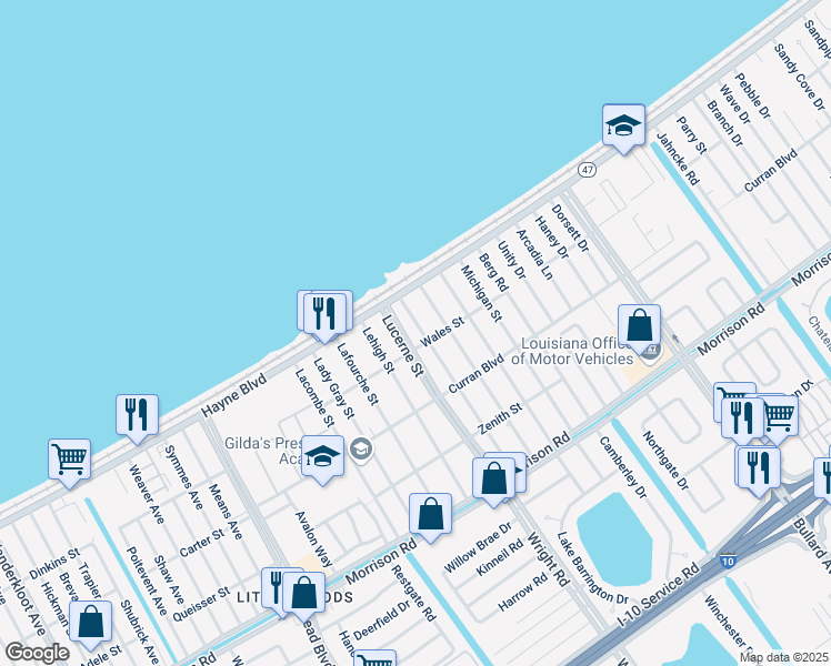 map of restaurants, bars, coffee shops, grocery stores, and more near 8000 Mackenzie Street in New Orleans