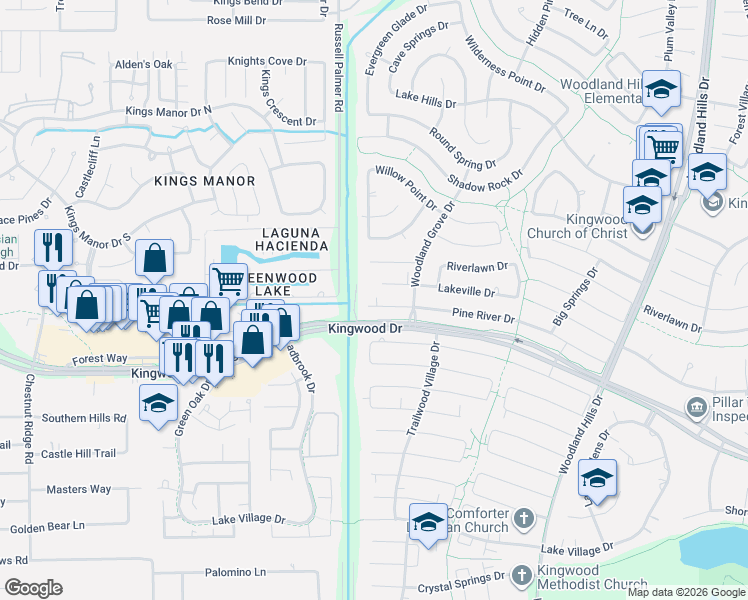 map of restaurants, bars, coffee shops, grocery stores, and more near 1902 Lakeville Drive in Humble