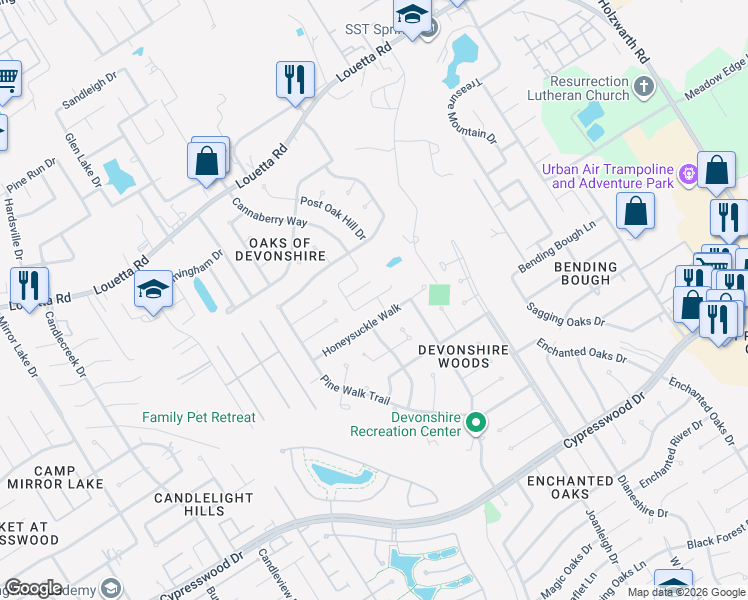 map of restaurants, bars, coffee shops, grocery stores, and more near 20325 Budde Cemetary Road in Spring
