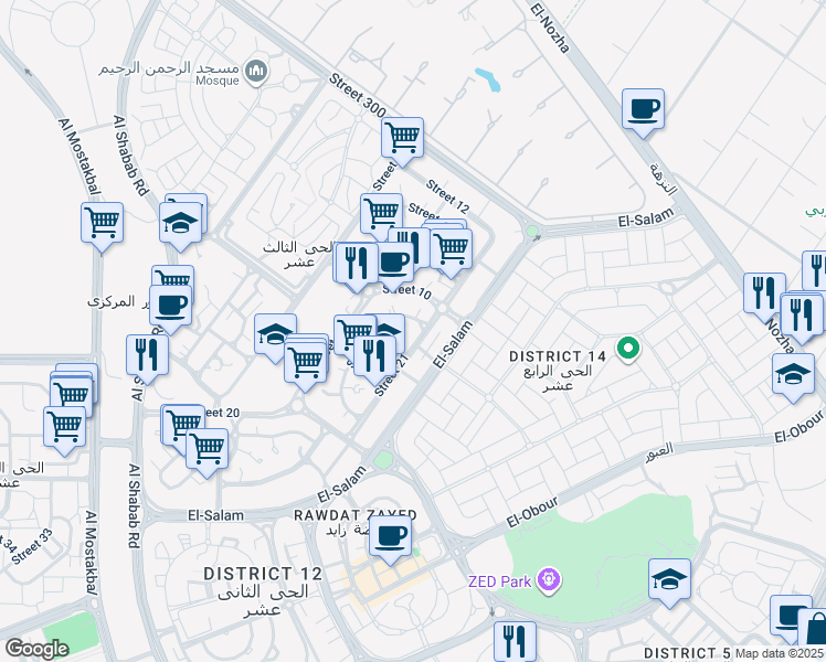 map of restaurants, bars, coffee shops, grocery stores, and more near Street 13 in Second Al Sheikh Zayed