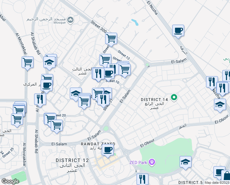 map of restaurants, bars, coffee shops, grocery stores, and more near Street 13 in Second Al Sheikh Zayed