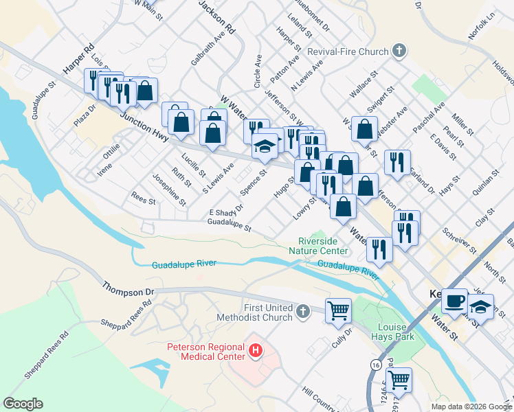 map of restaurants, bars, coffee shops, grocery stores, and more near 318 Surber Street in Kerrville