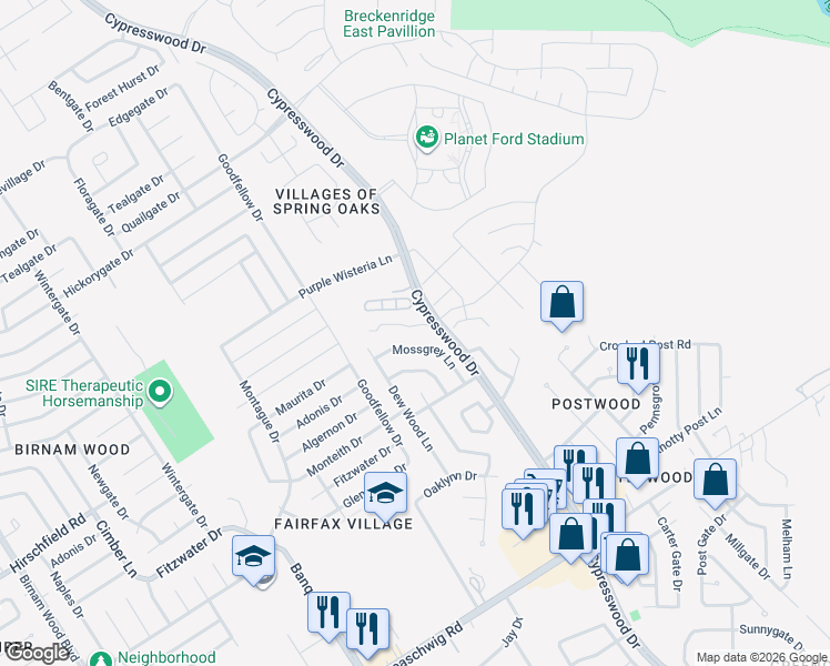 map of restaurants, bars, coffee shops, grocery stores, and more near 5406 Dibello Forest Lane in Spring