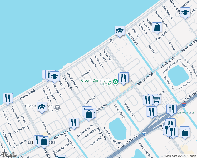 map of restaurants, bars, coffee shops, grocery stores, and more near 7720 Berg Street in New Orleans