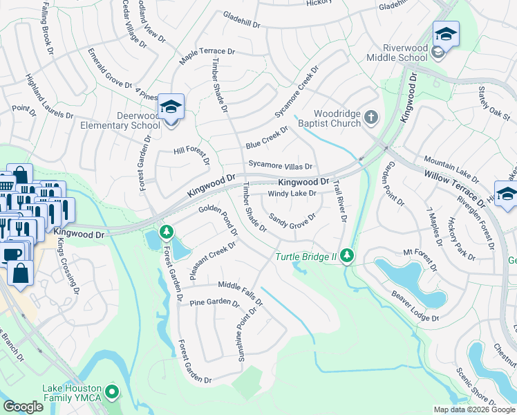 map of restaurants, bars, coffee shops, grocery stores, and more near 5110 Sandy Grove Drive in Houston