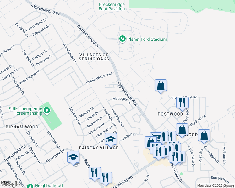 map of restaurants, bars, coffee shops, grocery stores, and more near 5406 Dibello Forest Lane in Spring