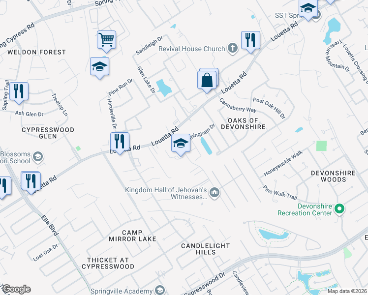 map of restaurants, bars, coffee shops, grocery stores, and more near 3034 Lemmingham Drive in Spring