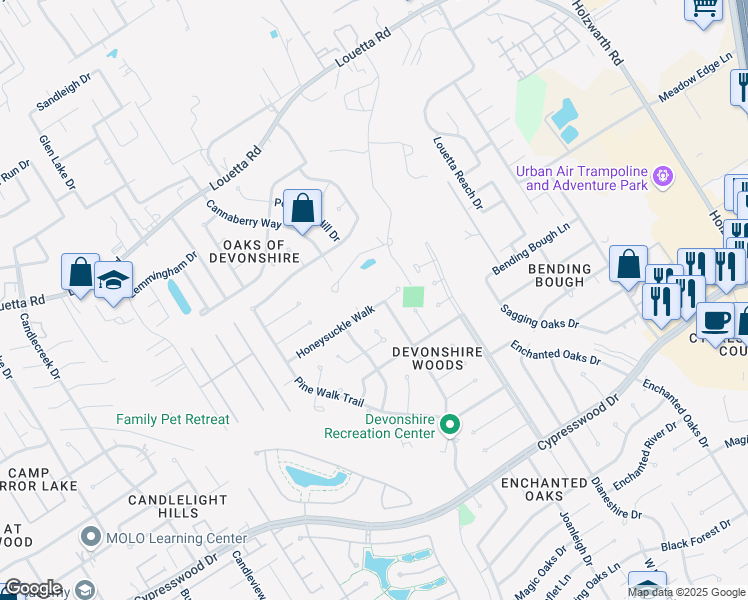 map of restaurants, bars, coffee shops, grocery stores, and more near 2522 Honeysuckle Walk in Spring