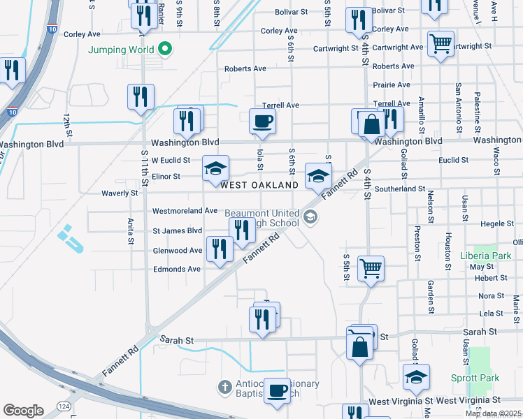 map of restaurants, bars, coffee shops, grocery stores, and more near 3199 Westmoreland Avenue in Beaumont