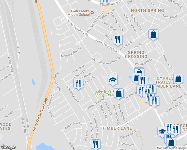 map of restaurants, bars, coffee shops, grocery stores, and more near 2511 Peaceful Valley Drive in Spring