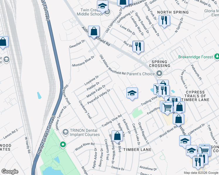 map of restaurants, bars, coffee shops, grocery stores, and more near 2511 Peaceful Valley Drive in Spring