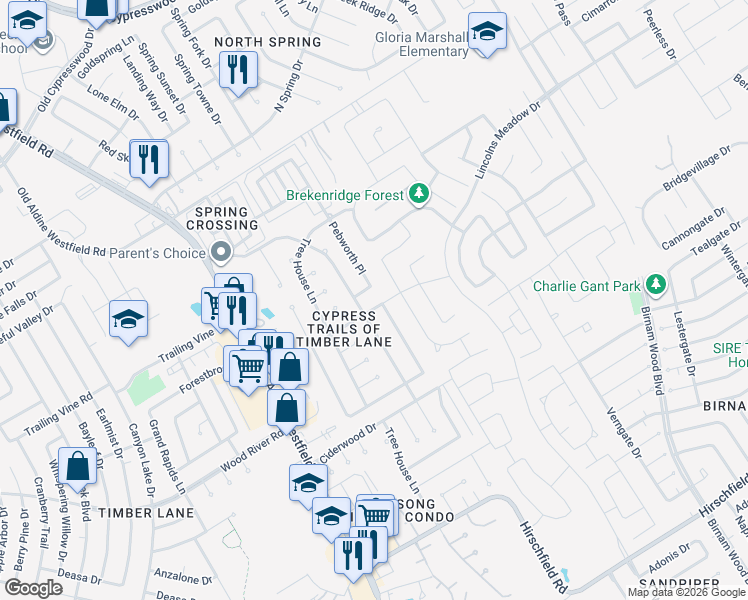 map of restaurants, bars, coffee shops, grocery stores, and more near 23426 Prairie Bird Drive in Spring