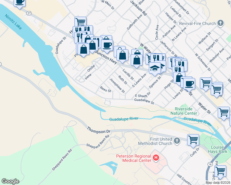 map of restaurants, bars, coffee shops, grocery stores, and more near 407 Josephine Street in Kerrville