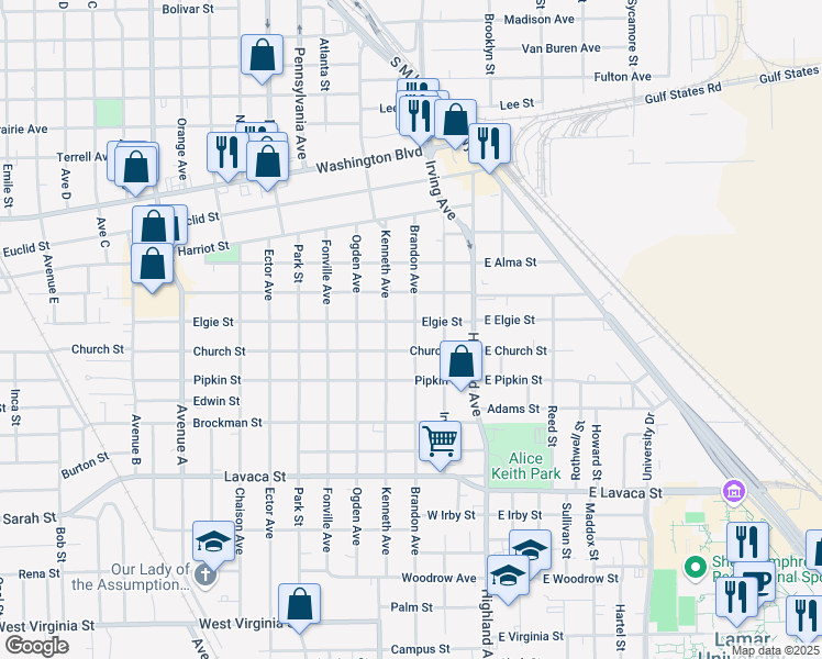 map of restaurants, bars, coffee shops, grocery stores, and more near 751 Elgie Street in Beaumont
