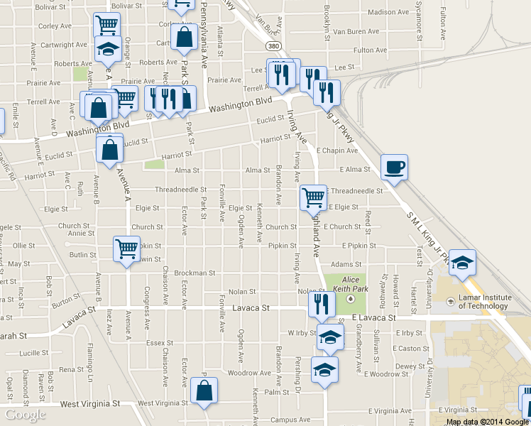 map of restaurants, bars, coffee shops, grocery stores, and more near 751 Elgie Street in Beaumont