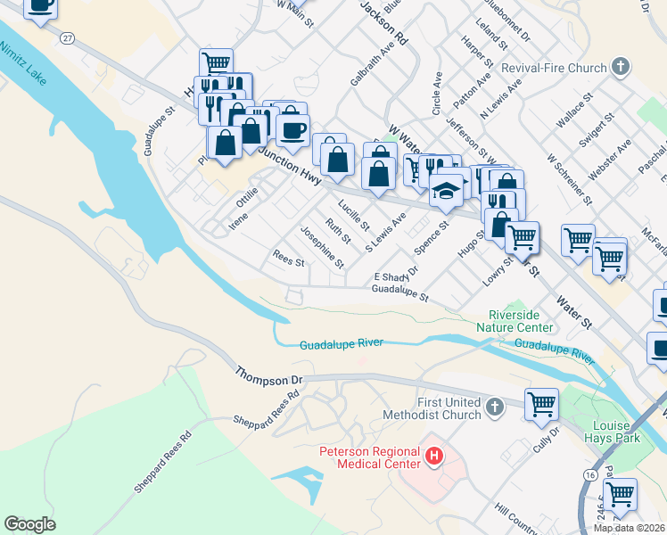 map of restaurants, bars, coffee shops, grocery stores, and more near 407 Josephine Street in Kerrville
